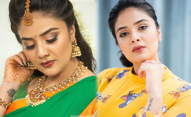 Sreemukhi New Pics in a Green and Yellow Dree