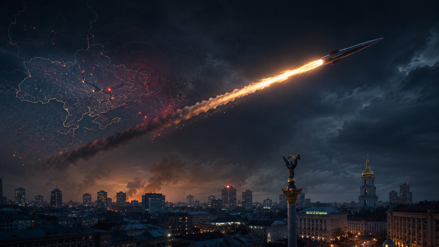 Hypersonic missile flying over Ukraine city skyline during Russia Ukraine war